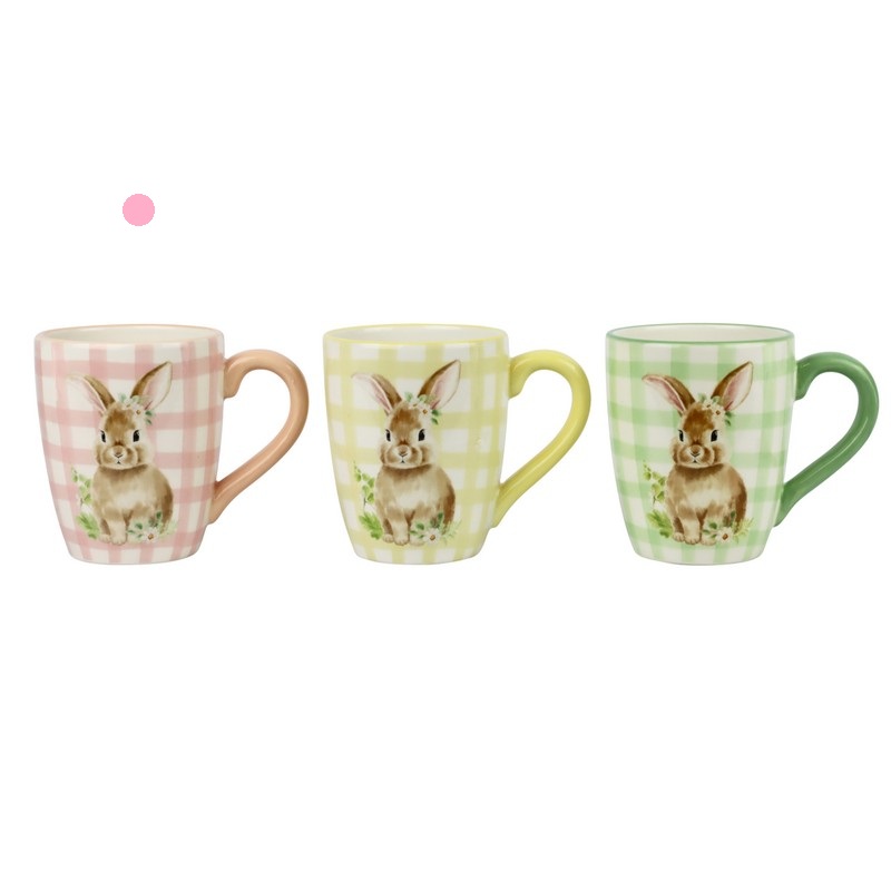 Tazza mug in ceramica rosa a quadretti con coniglietto, perfetta come regalo di Pasqua